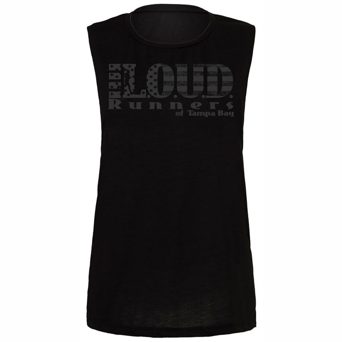 Women's black-on-black Patriotic LOUD Logo Muscle Tank